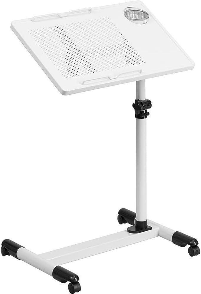 SwivelTop White Adjustable Steel Mobile Desk with Cup Holder