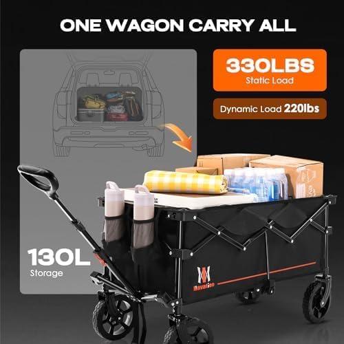 140L Collapsible Wagon Cart Foldable, Folding Utility Grocery Cart with Side Pocket and Brakes for Shopping, Sports, Camping and Garden, Black