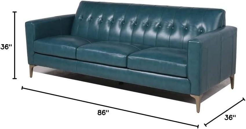 Turquoise Leather Tufted Sofa with Removable Cushions