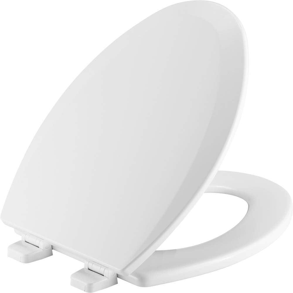 Bemis White Elongated Wood Toilet Seat with Plastic Hinges