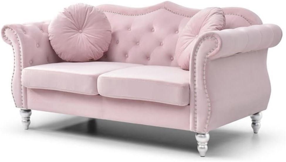 Hollywood Pink Velvet Tufted Loveseat with Nailhead Trim