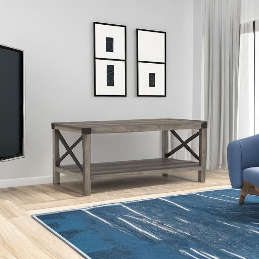 Walker Edison Farmhouse Open Storage Coffee Table, Sable