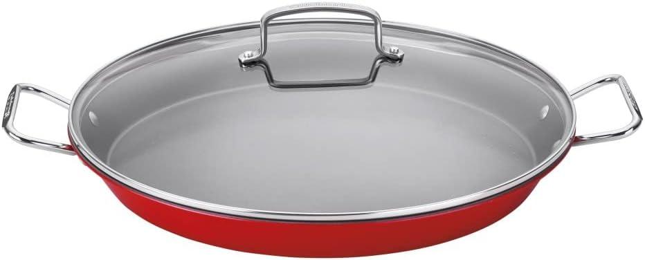 Red 15-Inch Non-Stick Steel Paella Pan with Glass Lid