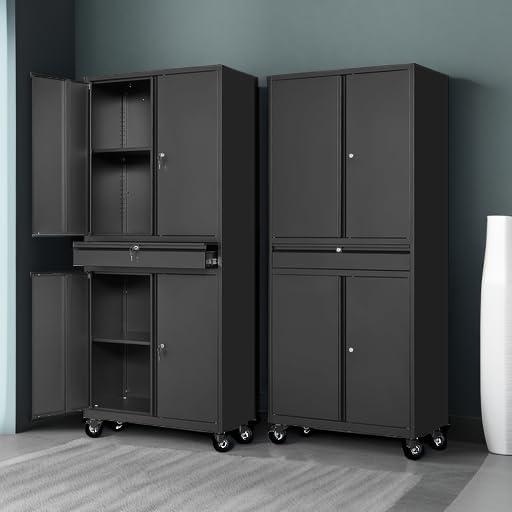 17 Stories Wheeling Garage Storage Cabinet, Rolling Tool Cabinet with 4 Door Lock-Adjustable Shelves and 1 Drawer for Garage Utility Room (Black)