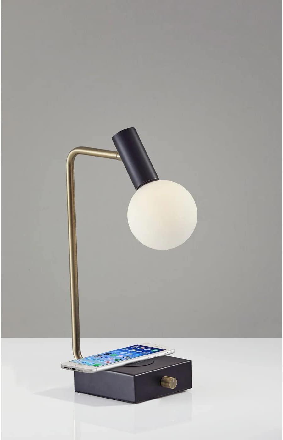 Adesso Windsor AdessoCharge LED Desk Lamp Matte Black w. Antique Brass Accents White Opal Glass