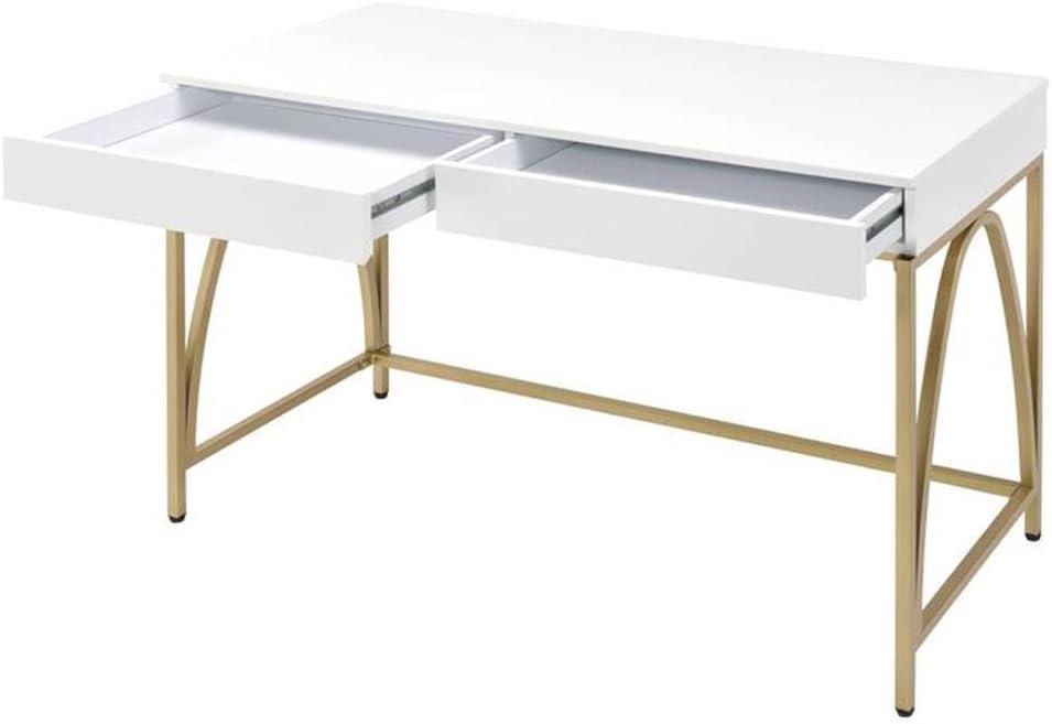 Light Mane Desk White High Gloss/Gold - Acme Furniture: 31" H, 2 Drawers, Metal Frame, 47" W