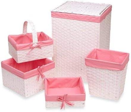 Redmon Five Piece Weave Pattern Hamper and Basket Set, White with Pink Liners