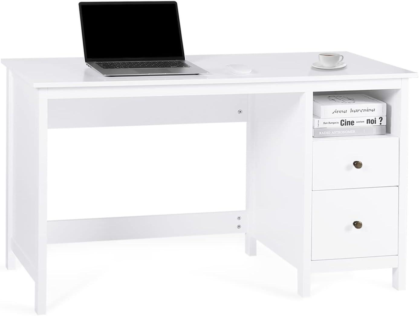 Alieon White Writing Desk with Drawers - 47” Modern Home Office Study Computer Desk with Storage Cabinet & Open Shelf, Simple Vanity Table for Bedroom