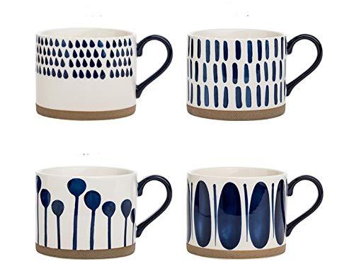 Hand Painted Blue and White Ceramic Mug Set, 15 oz, Service for 4