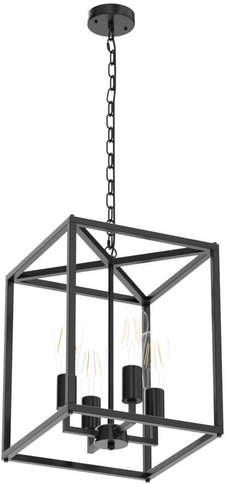 4 Light Chandelier, Industrial Ceiling Light Black Lantern Light Fixtures with Farmhouse Metal Cage Adjustable Height Rustic Geometric Hanging Light E12 Base for Kitchen Island, Entryway, Indoor