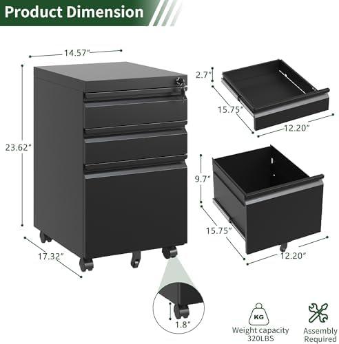 MIIIKO File Cabinet 3 Drawers on Wheels Under Desk, Black Metal Rolling File Cabinets with Lock for Home Office, Un-Assembled Filing Cabinet with Lock