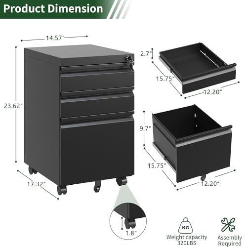 MIIIKO File Cabinet 3 Drawers on Wheels Under Desk, Black Metal Rolling File Cabinets with Lock for Home Office, Un-Assembled Filing Cabinet with Lock