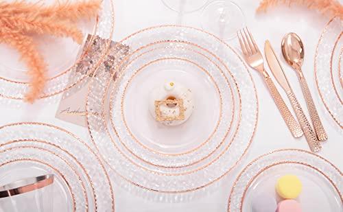 Ciaell 150PCS Rose Gold Plastic Plates – Disposable Plates with Rose Gold Plastic Silverware include 50Plates, 25Forks, 25Knives, 25Spoons, 25Cups for Wedding & Party