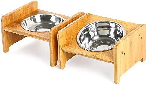 YY FOREYY Set of 2 Raised Pet Bowls for Dogs and Cats - Bamboo Tilted Single Elevated Dog Cat Food and Water Bowls Stand Feeder with 3 Stainless Steel Bowls and Anti Slip Feet for Comfort Feeding(S)