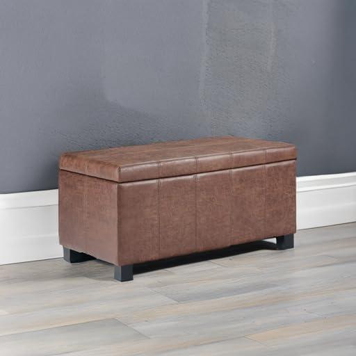 Simpli Home Dover Faux Leather Storage Ottoman Bench in Umber Brown