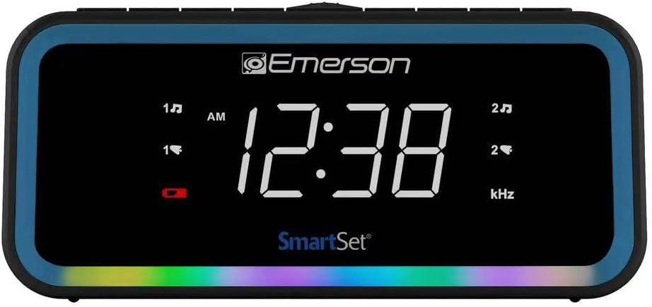 Emerson SmartSet AM/FM, Dual Alarm Clock Radio, 0.9" White LED, USB-C Charging and Multi-Color LED Decor, CKS1401
