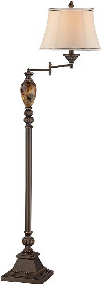 Kathy Ireland Vintage Swing Arm Floor Lamp 61" Tall Bronze Marble Font Faux Silk Shade for Living Room Reading House Bedroom Home