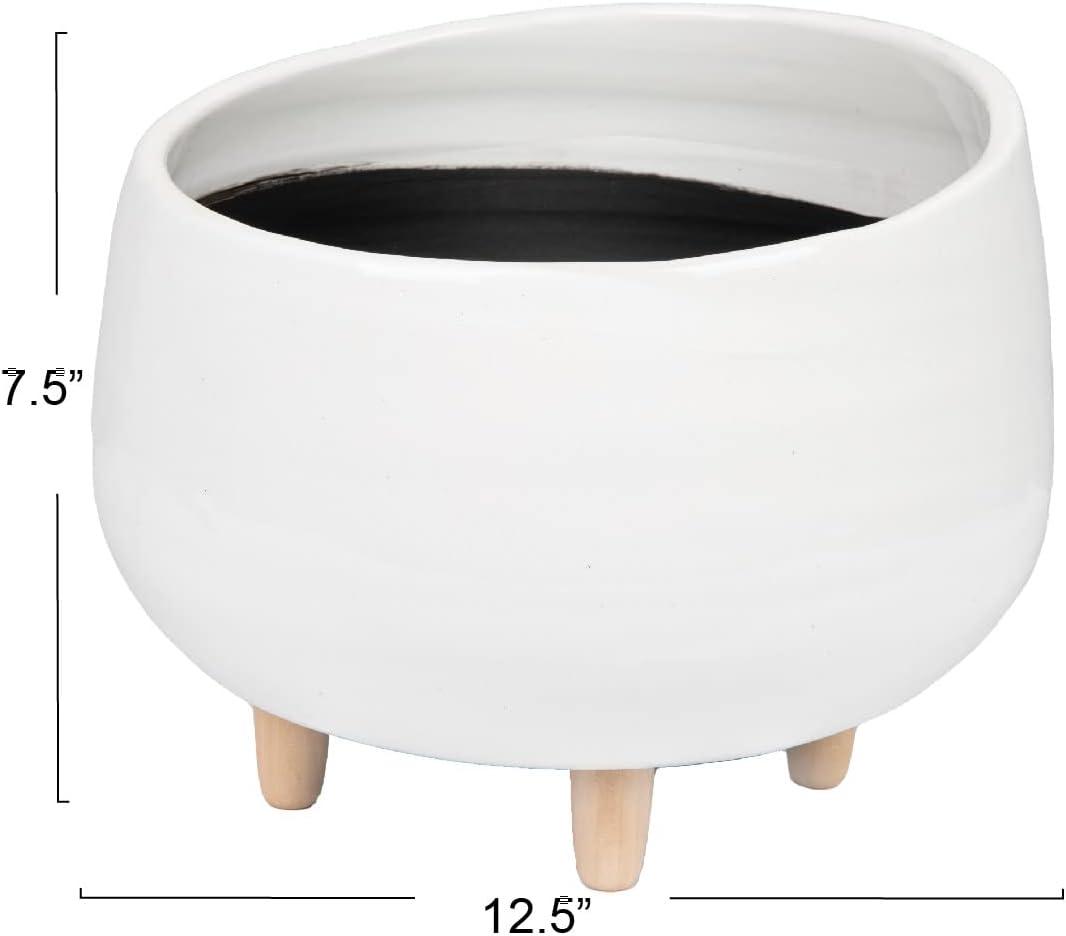 8" x 12.5" Planter with Wood Feet White - Storied Home: Ceramic, No Assembly, Indoor Use, Drain Plug