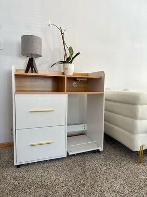 White Rolling File Cabinet with Charging Station and Open Shelves