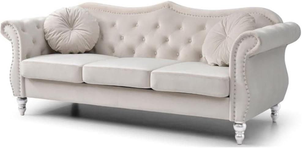 Ivory Tufted Velvet Sofa with Nailhead Trim and Wood Legs