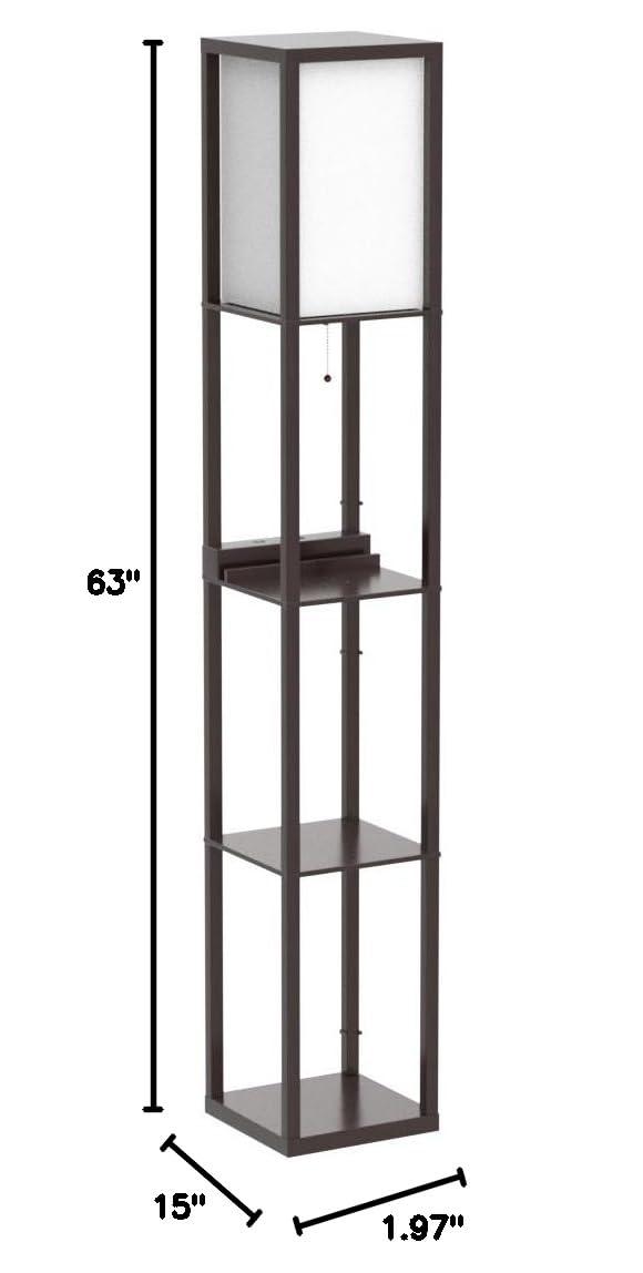 Brightech Maxwell 63 in. 3-Shelf Modern USB and Wireless Charging LED Floor Lamp with Fabric Square Shade