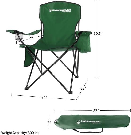 wakeman Wakeman Oversized Camping Chair with Cupholder and Cooler- Folding Chair with 300lb Capacity, Green