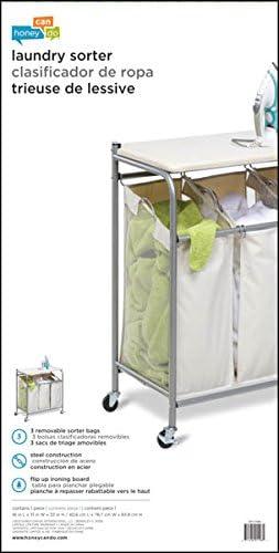 Honey-Can-Do 3 Bag Steel Rolling Laundry Sorter with Ironing Board Top, Silver/Natural