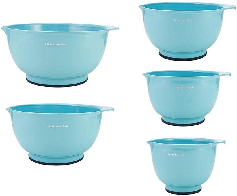 KitchenAid Set of 5 Mixing Bowls Aqua Sky: Plastic Nesting Bowls, Easy-Pour Spout, Dishwasher-Safe, BPA-Free