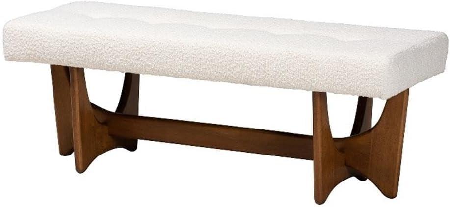 Cream Boucle Fabric and Walnut Wood Bench with Button-Tufted Seat