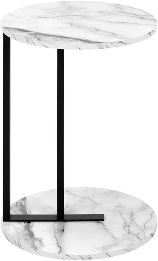17 Stories Accent Table, Side, Round, End, Nightstand, Lamp, Living Room, Bedroom, White Marble Look Laminate, Black Metal, Contemporary, Modern