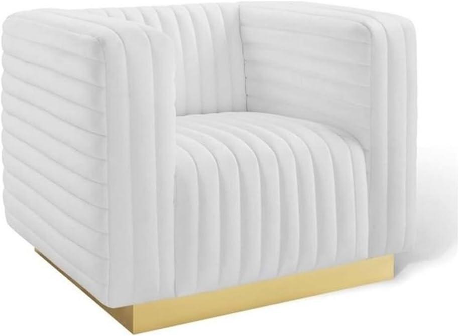 White Velvet Channel Tufted Accent Chair with Gold Base