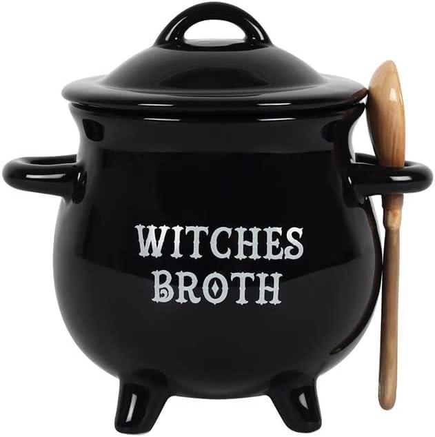 Pacific Giftware Witches Broth Cauldron Ceramic Bowl with Broom Spoon