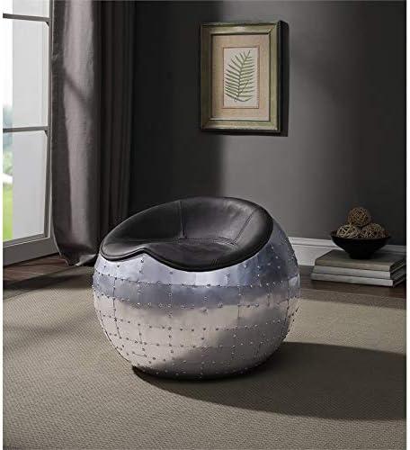ACME Brancaster Leather Upholstered Ottoman in Antique Ebony and Aluminum