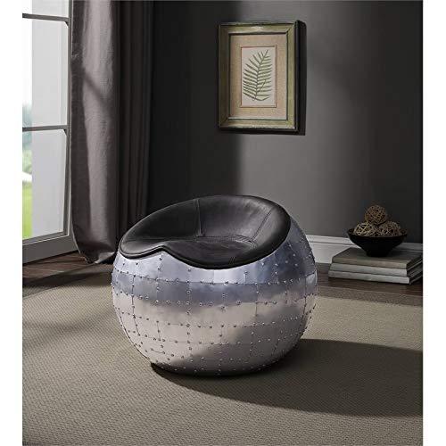 ACME Brancaster Leather Upholstered Ottoman in Antique Ebony and Aluminum