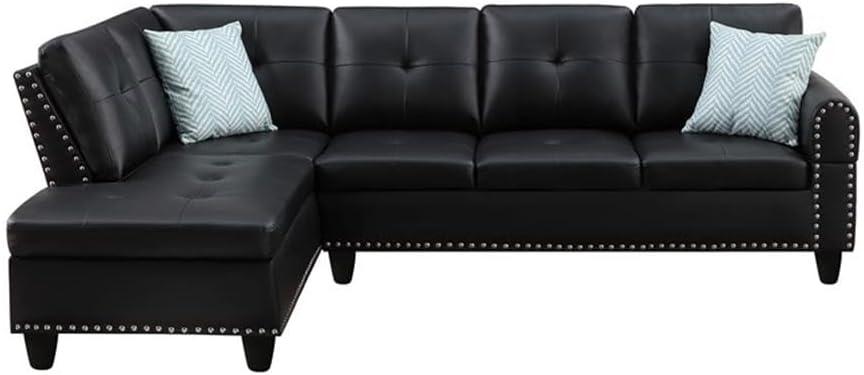 Devion Furniture Faux Leather Sectional Sofa with Ottoman-Black