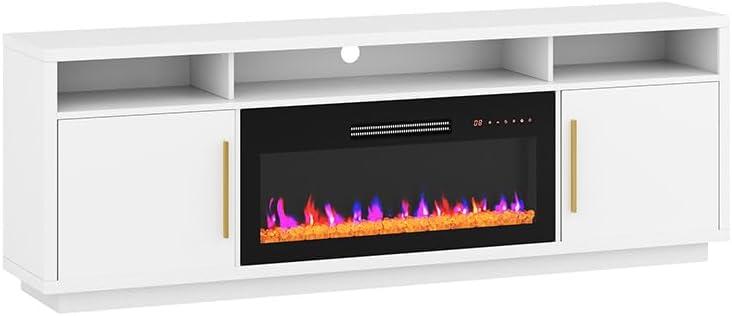 BELLEZE 79" TV Stand for TVs up to 85", LED Light Entertainment Center with 42" Electric Fireplace, Storage Cabinet with USB AC Outlet, Media Console Table for Living Room - Avenue (Black)