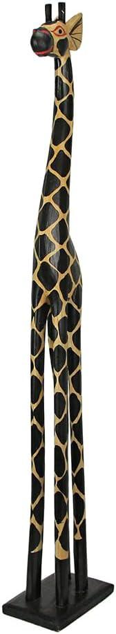 Hand-Carved 36-Inch Tall Black and Beige Wooden Giraffe Statue