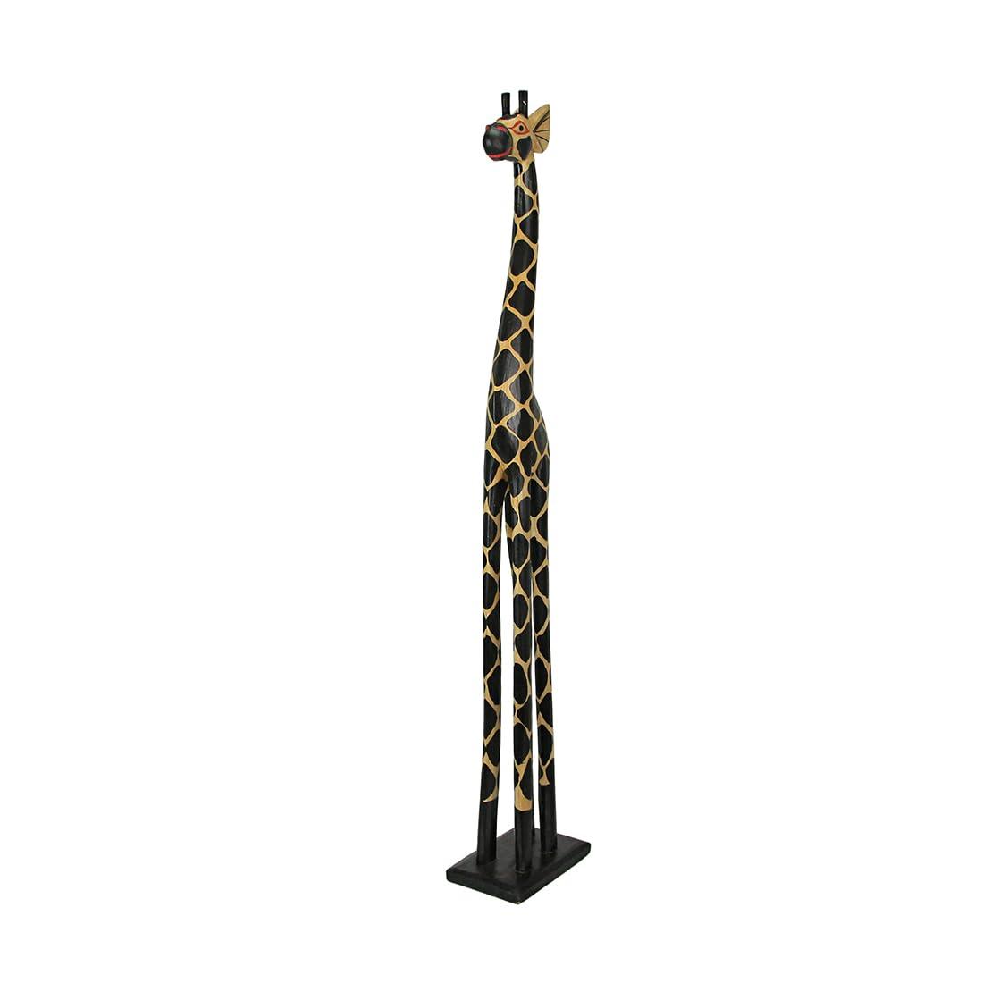 Hand-Carved 36-Inch Tall Black and Beige Wooden Giraffe Statue