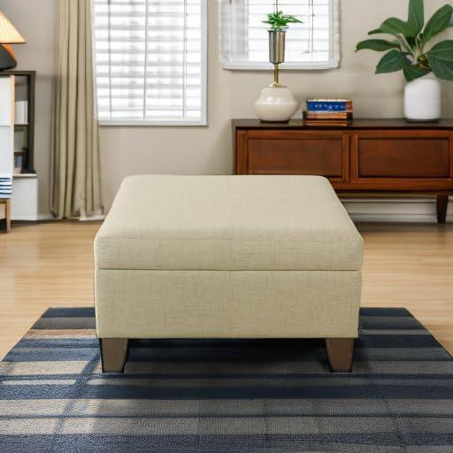 Luxury Large Square Storage Ottoman Tan - HomePop: Linen-Like Upholstery, Wood Legs, Hinged Lid