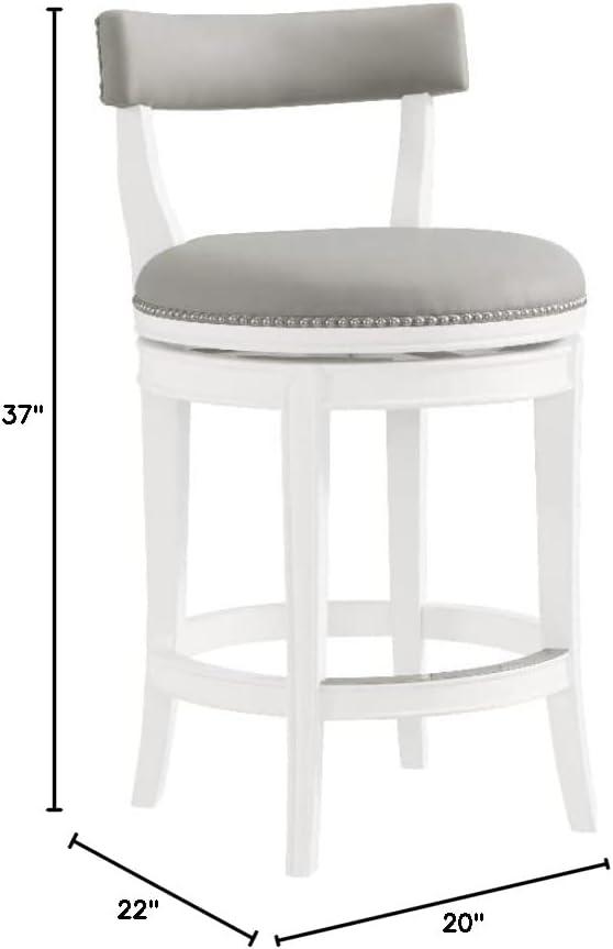 Hanover Swivel Counter Height Bar Stool, 26-Inch Seat Height, White and Gray, Solid Rubberwood Frame with Faux Leather Upholstery, Nailhead Trim, Memory Return Swivel Mechanism
