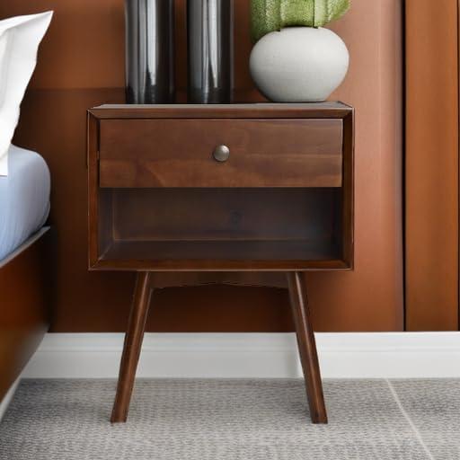 Mid-Century Modern Single-Drawer Solid Wood Nightstand - Walnut
