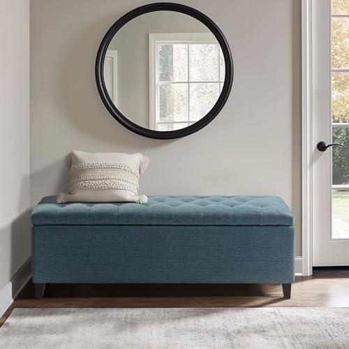 18" Shandra Bench Storage Ottoman with Tufted Top Blue - Home: Faux Leather, Rectangular, Wood Legs, Polyester Upholstered