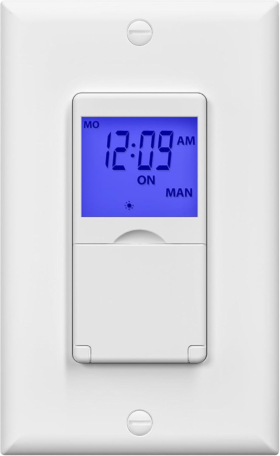 BN-LINK 7 Day Programmable In-Wall Timer Switch for Lights, fans and Motors , Single Pole and 3 Way Both Use, Blue Backlight, Neutral Wire Required, White