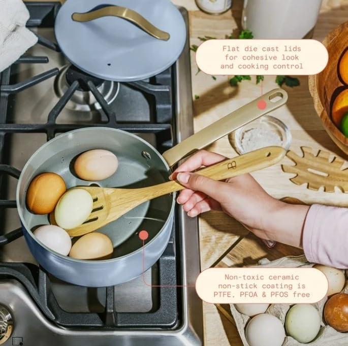 Beautiful 12pc Ceramic Non-Stick Cookware Set, Sage Green by Drew Barrymore