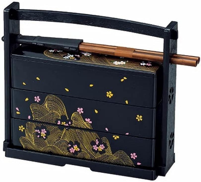 JapanBargain 1951, Japanese Lunch Bento Box Three Tiers with Chopsticks Traditional Plastic Lacquered Sushi Serving Container Sakura Cherry Blossom Pattern, Made in Japan