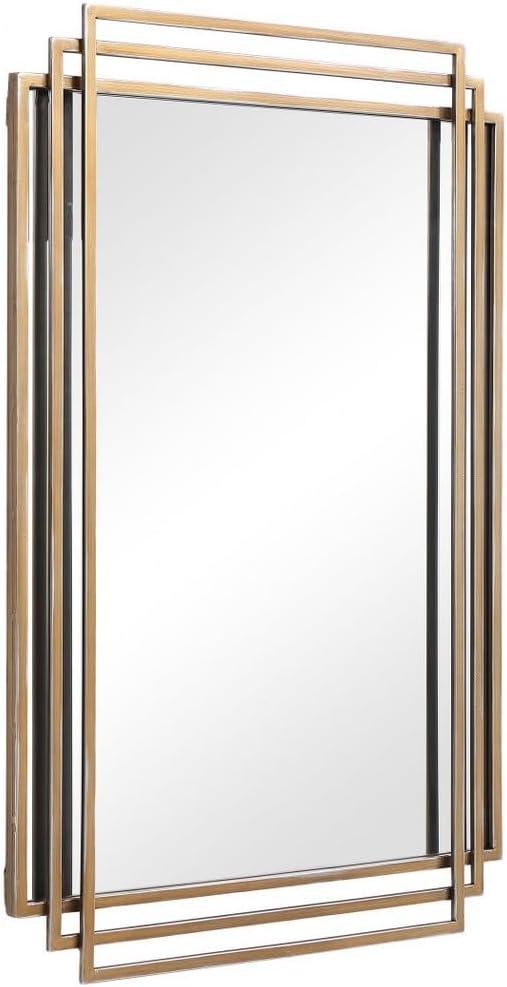 Uttermost Rectangular Vanity Decorative Wall Mirror Modern Distressed Brushed Gold Solid Iron Frame 23 3/4" Wide for Bathroom