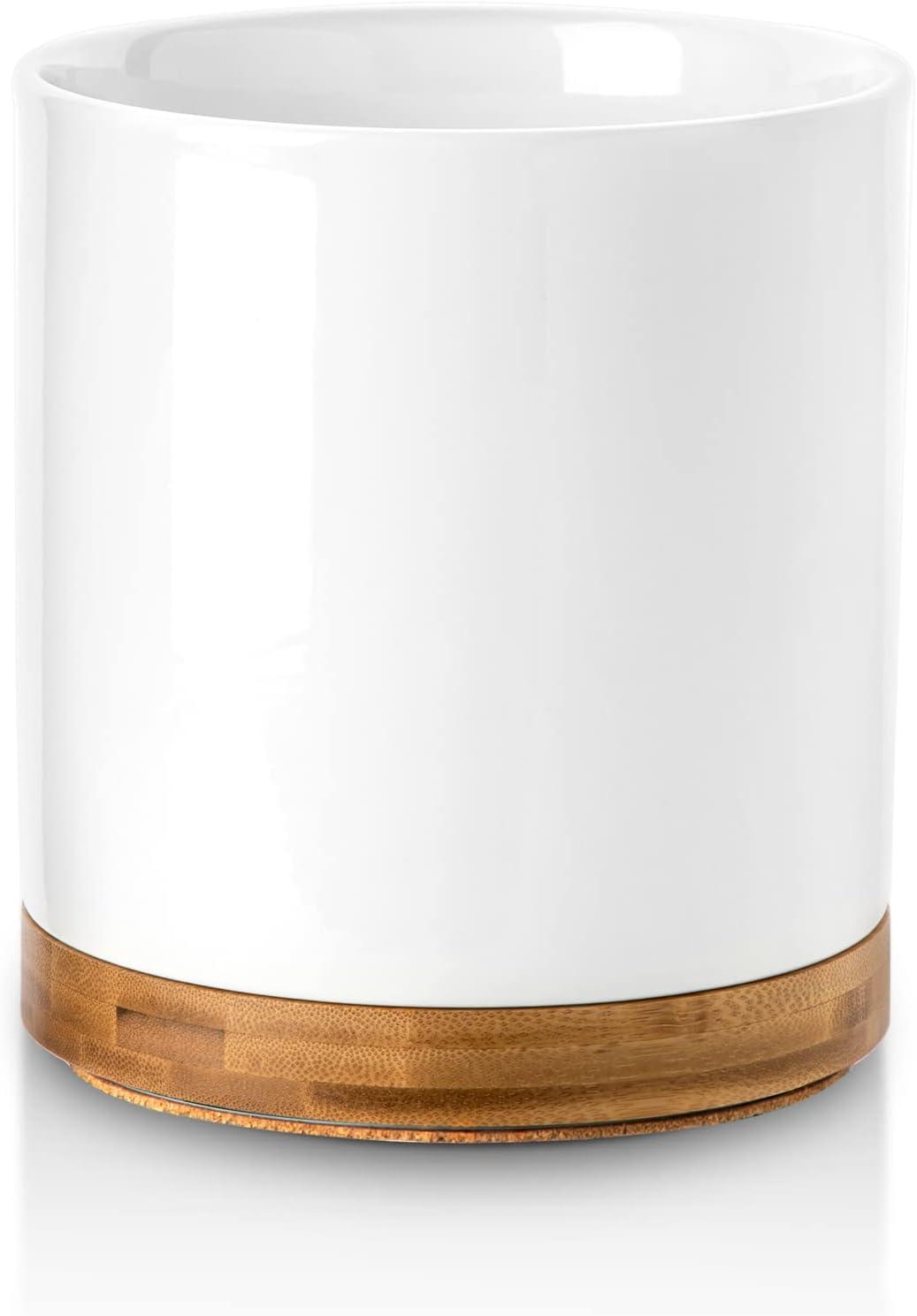 Nucookery 360° Rotating Utensil Holder, 7.2" Large Utensil Crock, White Ceramic Cooking Utensil Organizer with Countertop-Protection Cork Bottom for Farmhouse Kitchen Decor Christmas Gift (White)