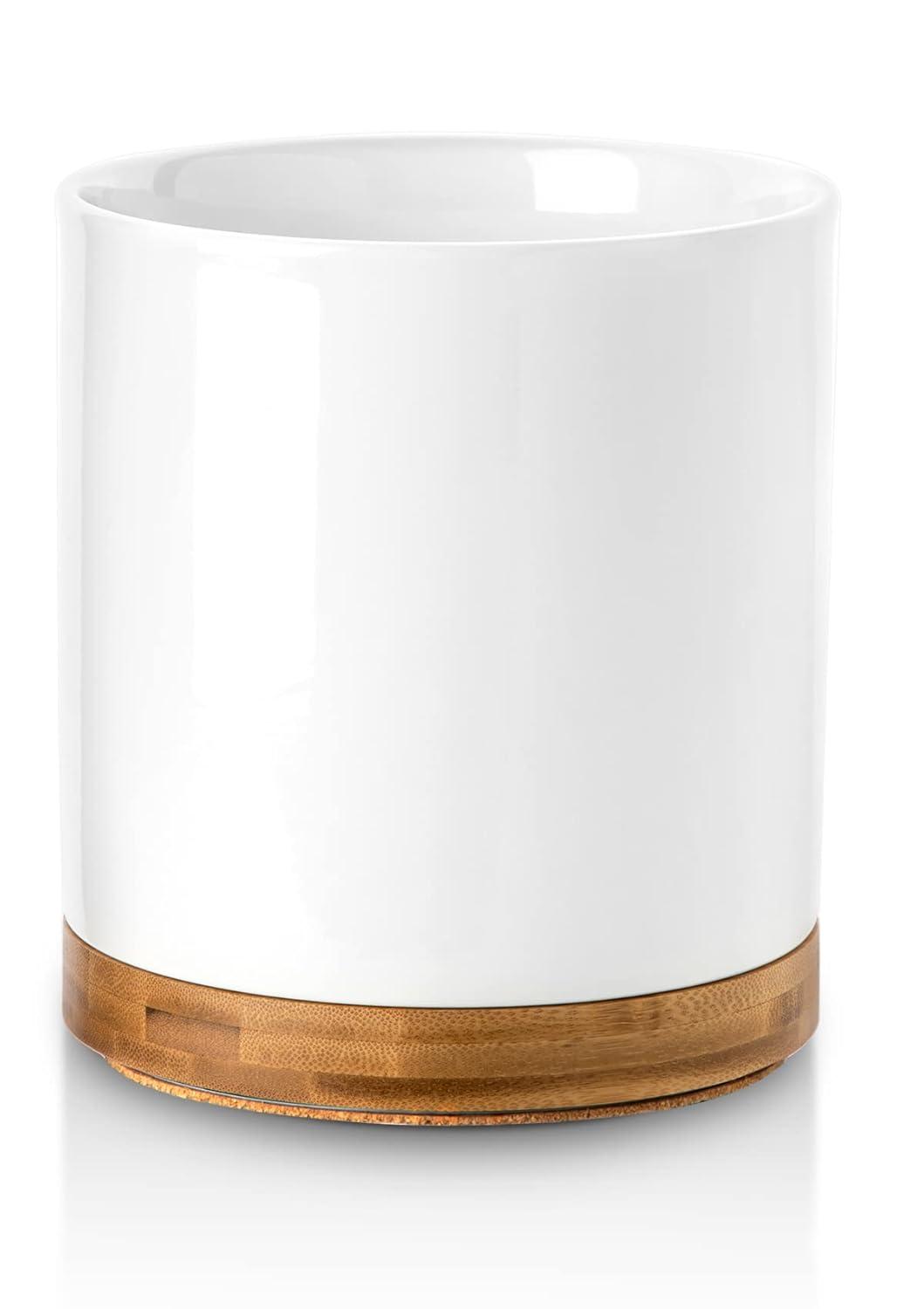 Nucookery 360° Rotating Utensil Holder, 7.2" Large Utensil Crock, White Ceramic Cooking Utensil Organizer with Countertop-Protection Cork Bottom for Farmhouse Kitchen Decor Christmas Gift (White)