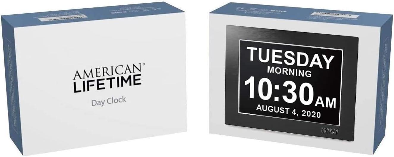 American Lifetime, Premium Version, Day Clock Extra Large Impaired Vision Digital Clock with Battery Backup and 5 Alarm Options, Limited Edition Black Polished Metal Frame