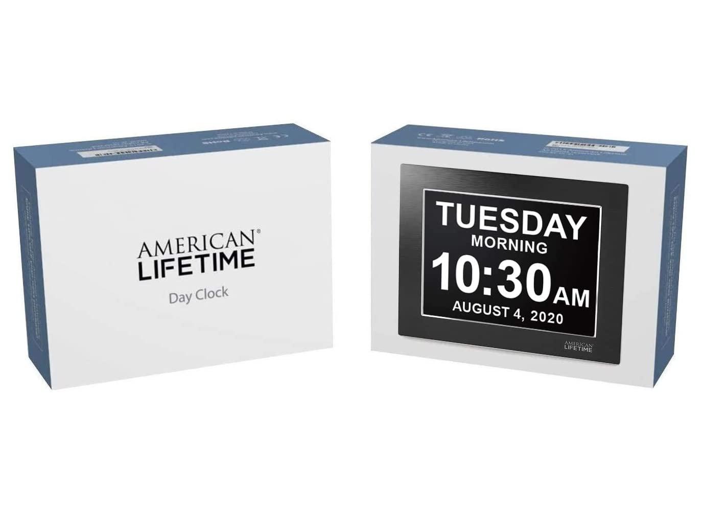 American Lifetime, Premium Version, Day Clock Extra Large Impaired Vision Digital Clock with Battery Backup and 5 Alarm Options, Limited Edition Black Polished Metal Frame